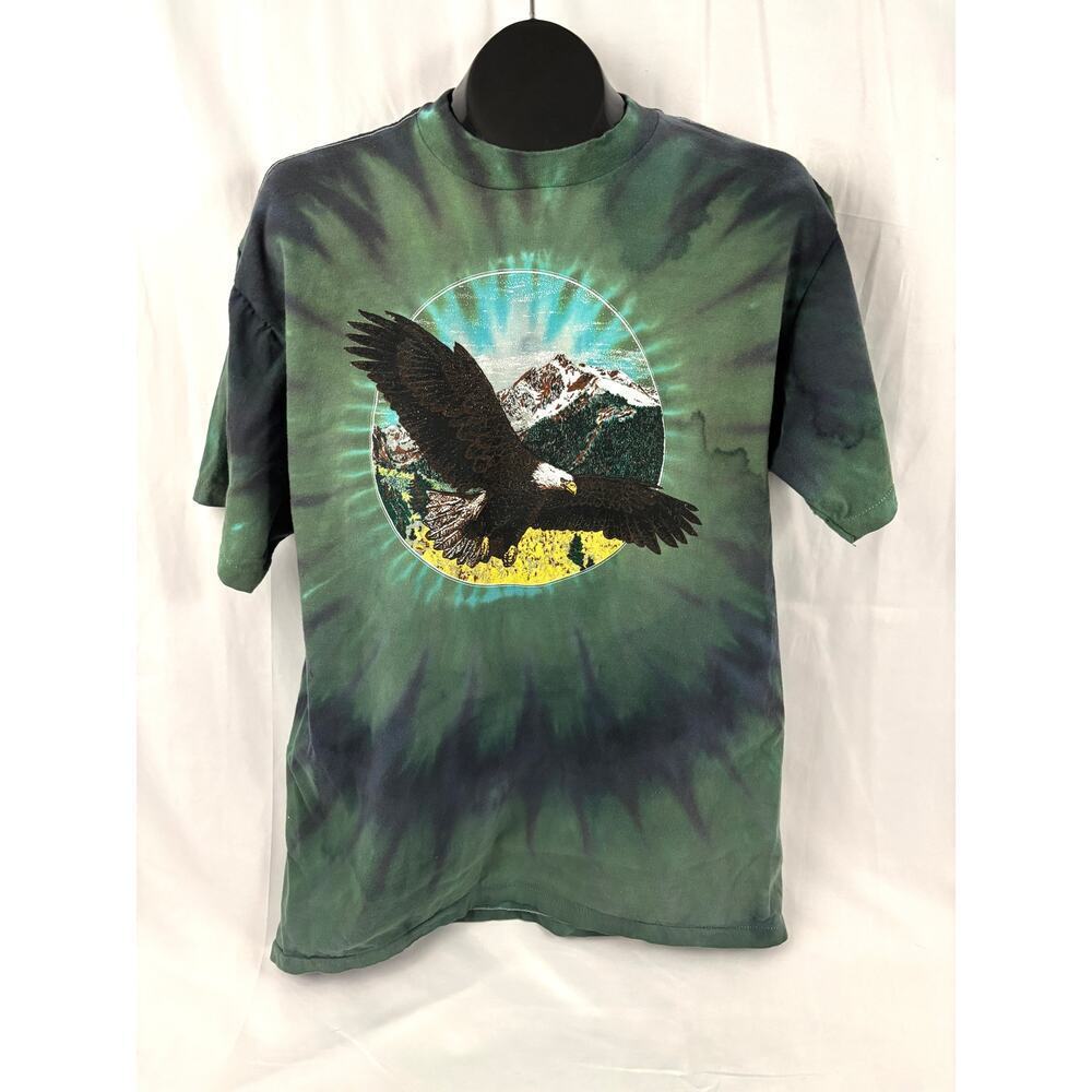VTG 90s Green Tie-dyed‎ Bald Eagle Flying Over Mountains T-Shirt X-LARGE